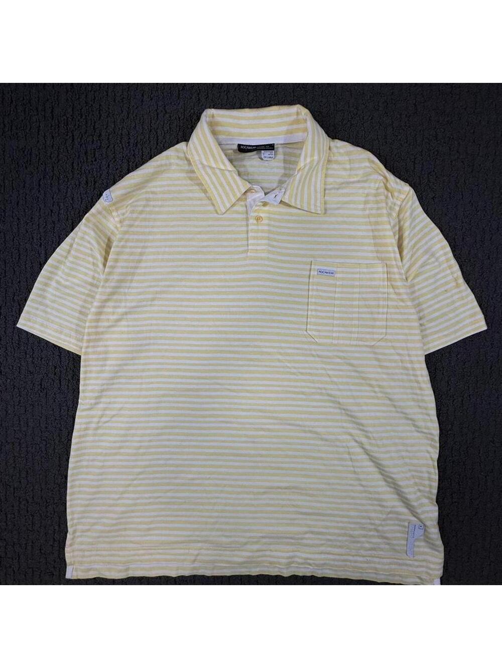 ROCAWEAR Light Yellow Y2K Striped Summer Polo Short Sleeve XXL